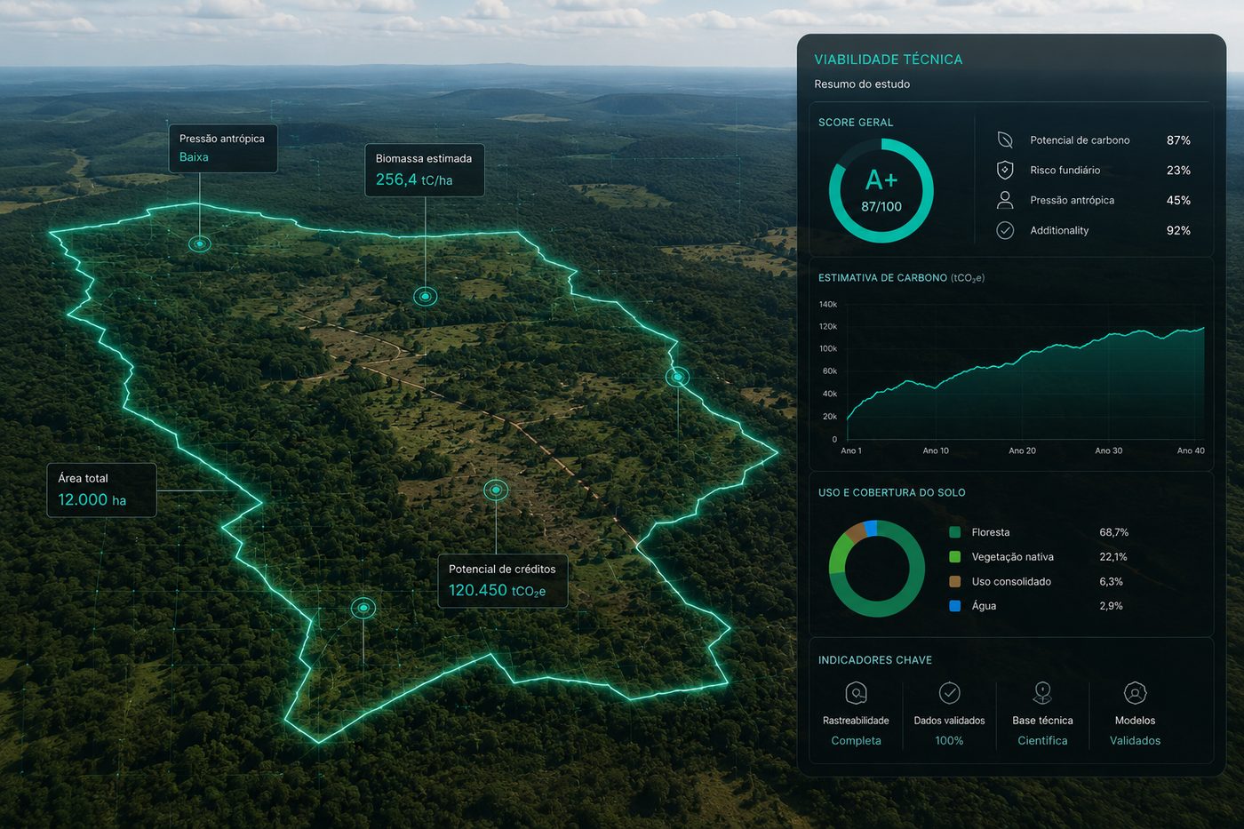 Painel de viabilidade técnica com score geral, estimativa de carbono e uso do solo