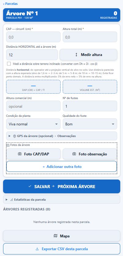 Aplicativo móvel de coleta de dados de inventário florestal em campo, com medição de árvores e exportação de dados
