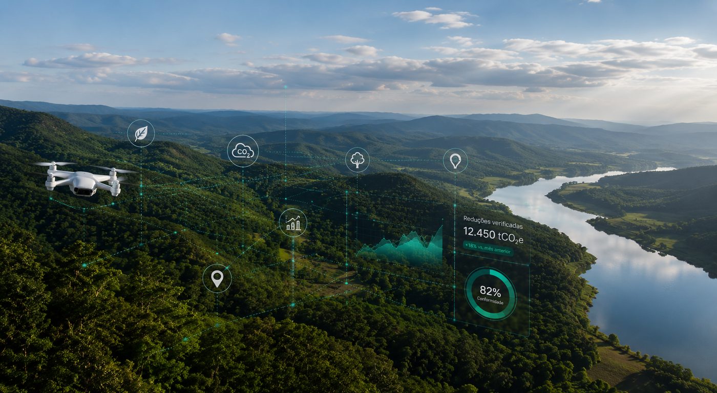 Sobrevuelo de un área forestal con indicadores de monitoreo y reducciones verificadas superpuestos al relieve