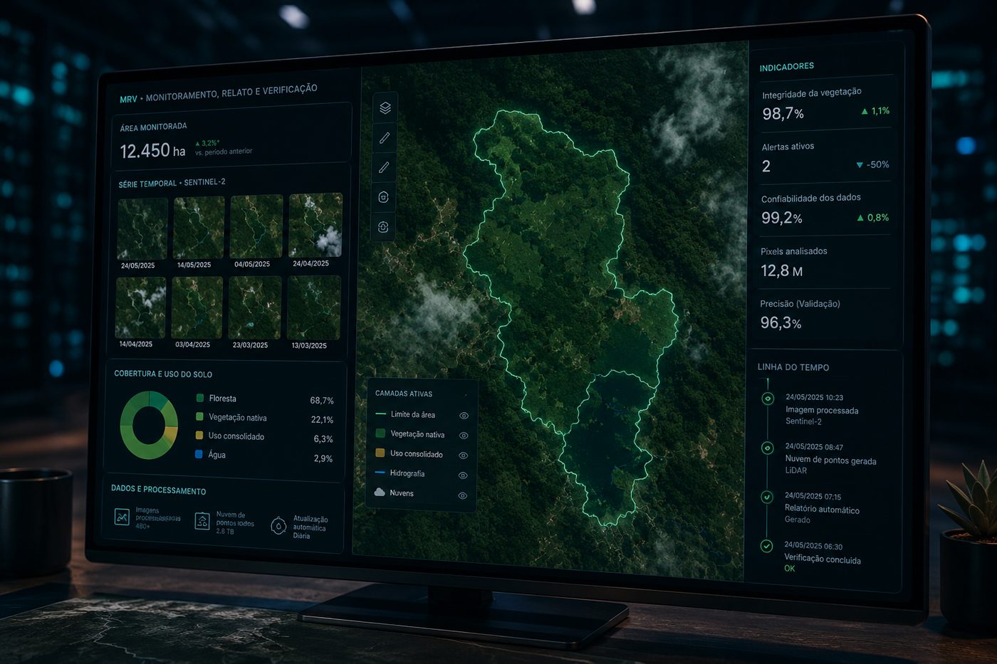 Painel de MRV com série temporal de satélite Sentinel-2 e indicadores de confiabilidade