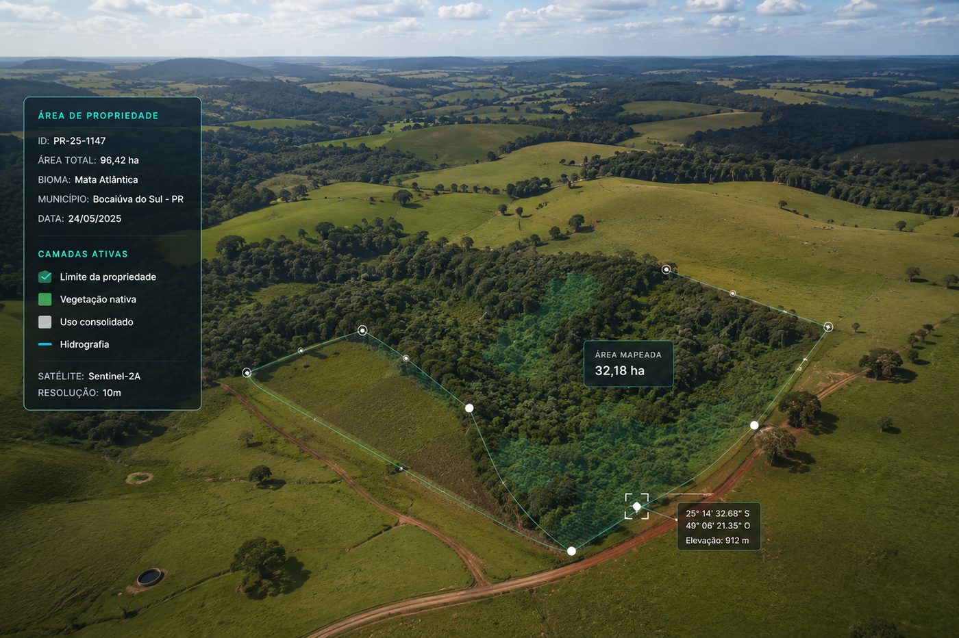 Mapeamento aéreo de propriedade rural com limites, vegetação nativa e coordenadas geográficas