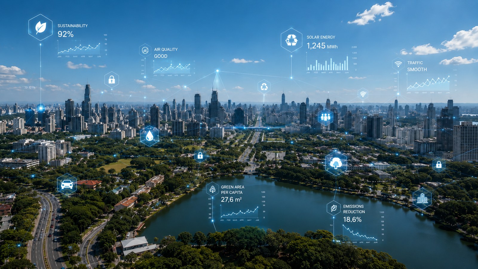 Vista aérea de área urbana com indicadores de sustentabilidade, qualidade do ar, energia solar, área verde e redução de emissões